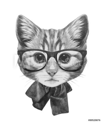 Picture of Hand drawn portrait of Cat glasses and bow Vector isolated elements
